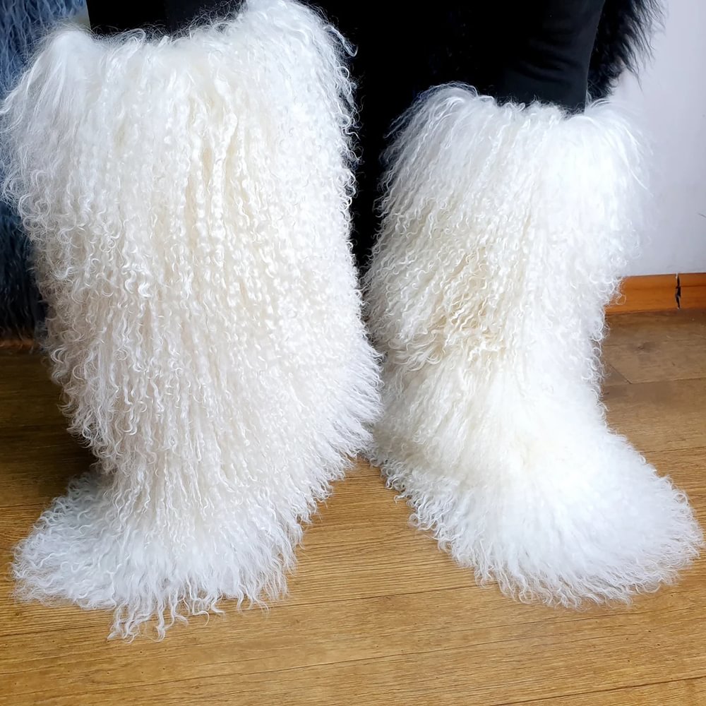 Super shaggy real llama fur women yeti boots Outdoor Winter long lama fur boots