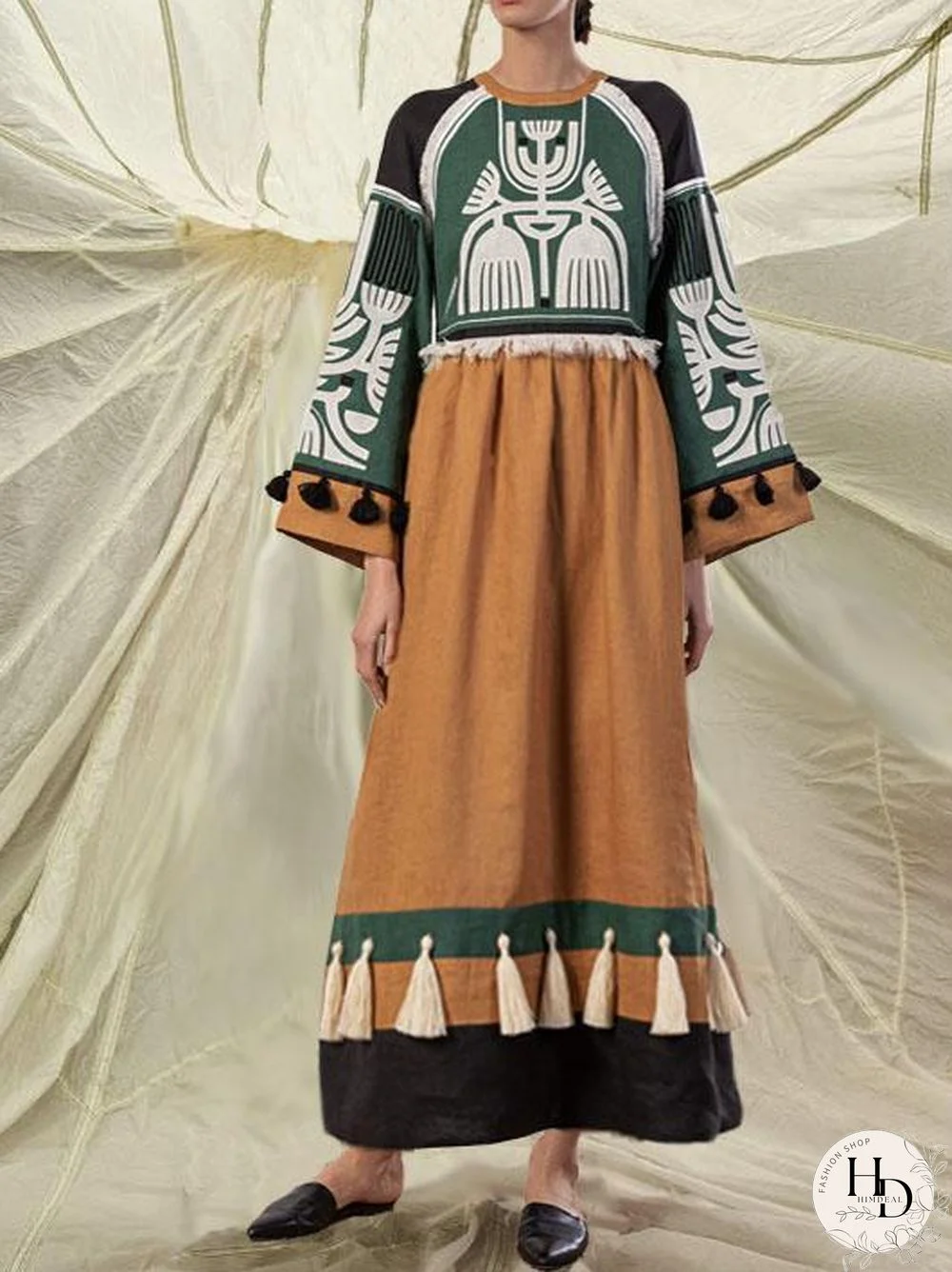 Color Block Printed Fringe Decorated Vacation Dress