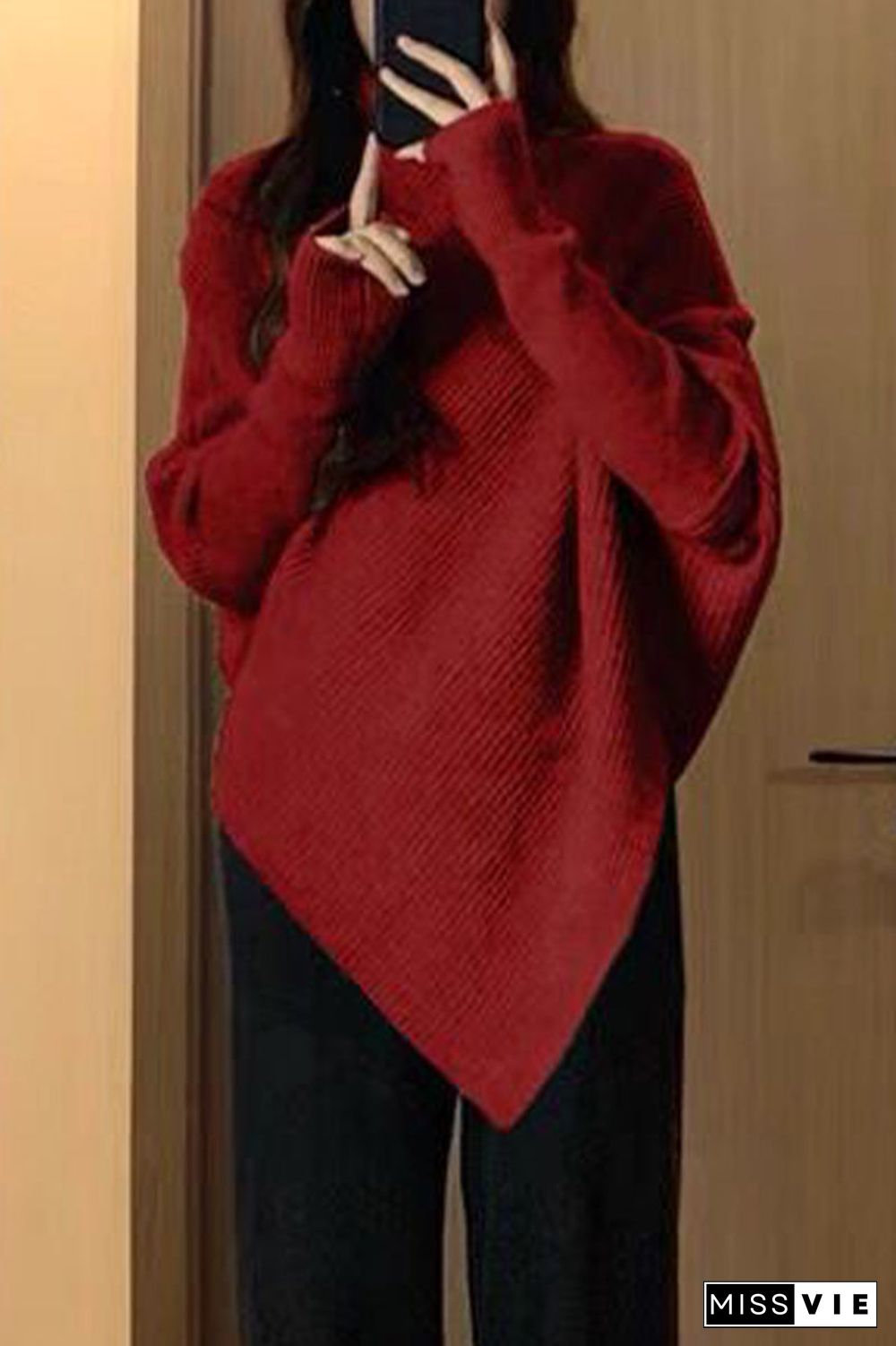 Casual Solid Asymmetrical Turtleneck Tops