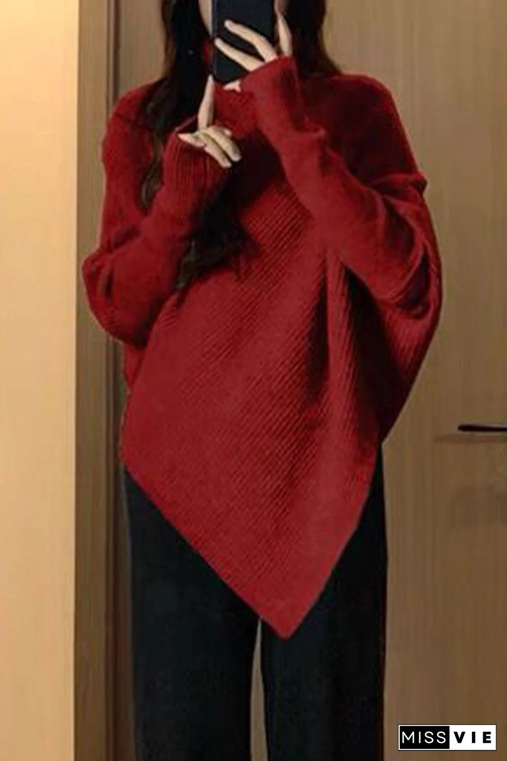 Casual Solid Asymmetrical Turtleneck Tops