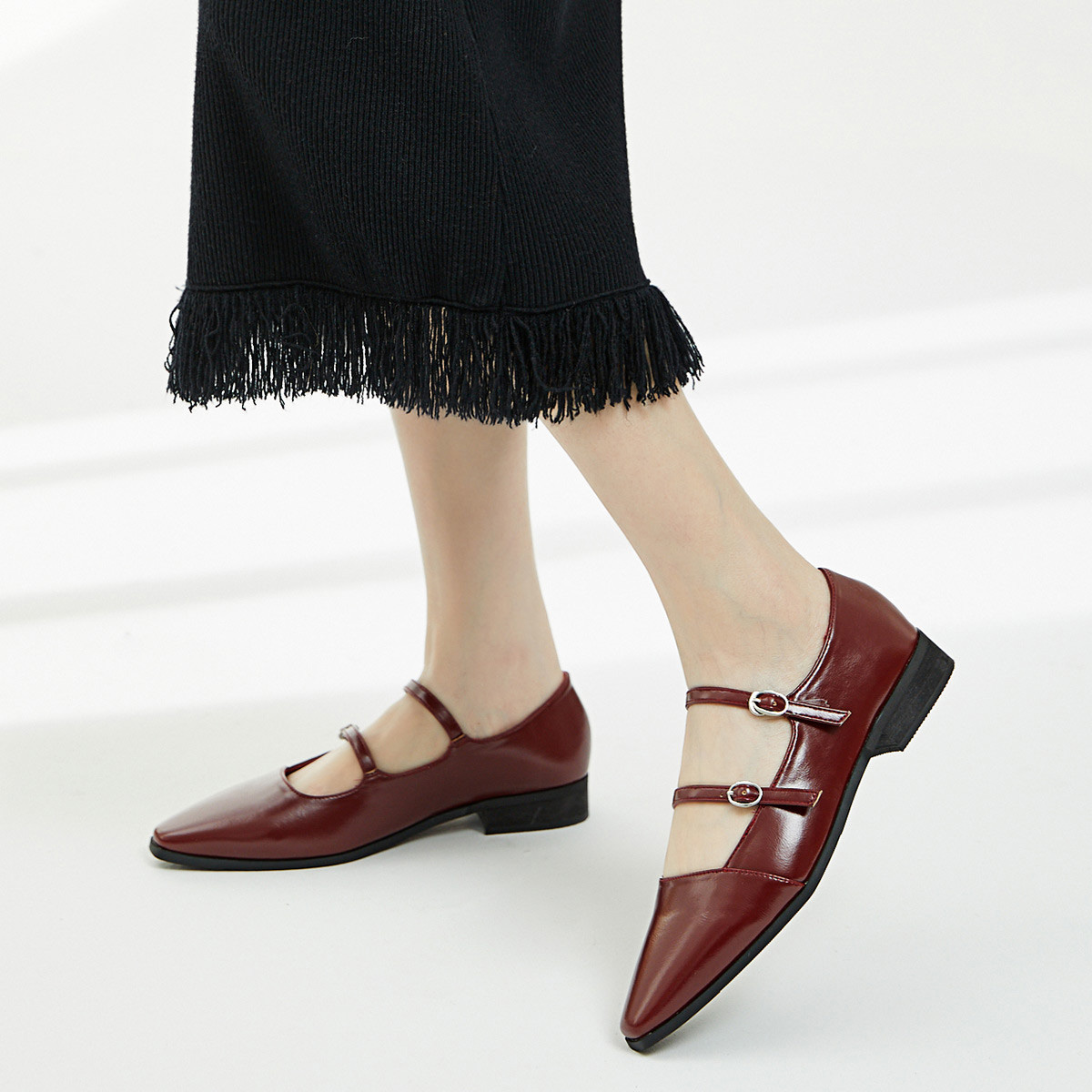 Burgundy Closed Toe Chunky Heel Strappy Pumps Nicepairs