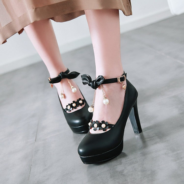Sweet flower decor round toe chunky high heels dress shoes