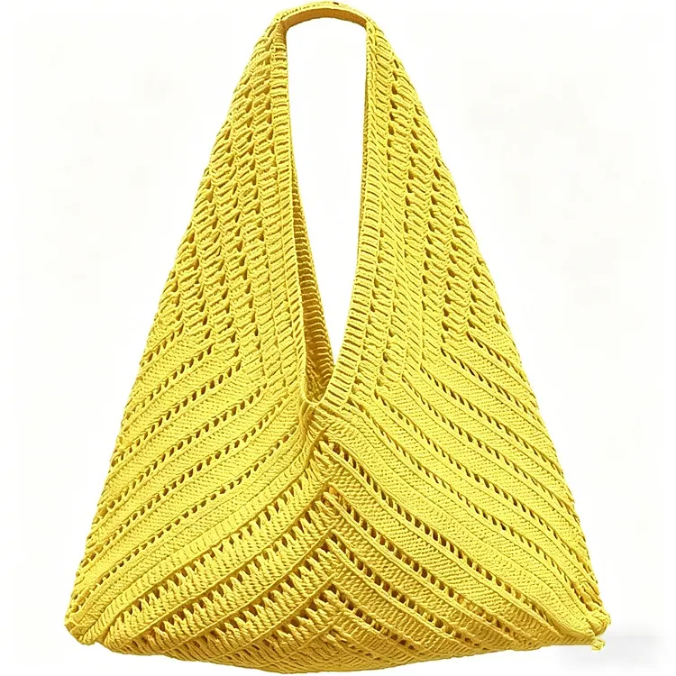 Summer Vacation Handbags Beach Bag for Women Cute Woven Shoulder Purses Mesh Knit Crochet Bag Yellow