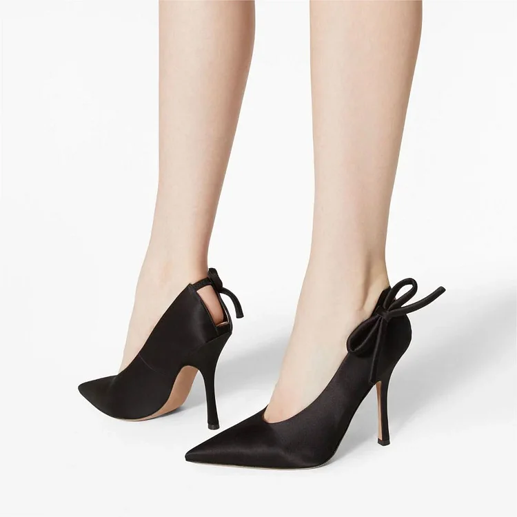 Black Satin Side Bow Pointed Toe Pumps Heels for Women |FSJ Shoes