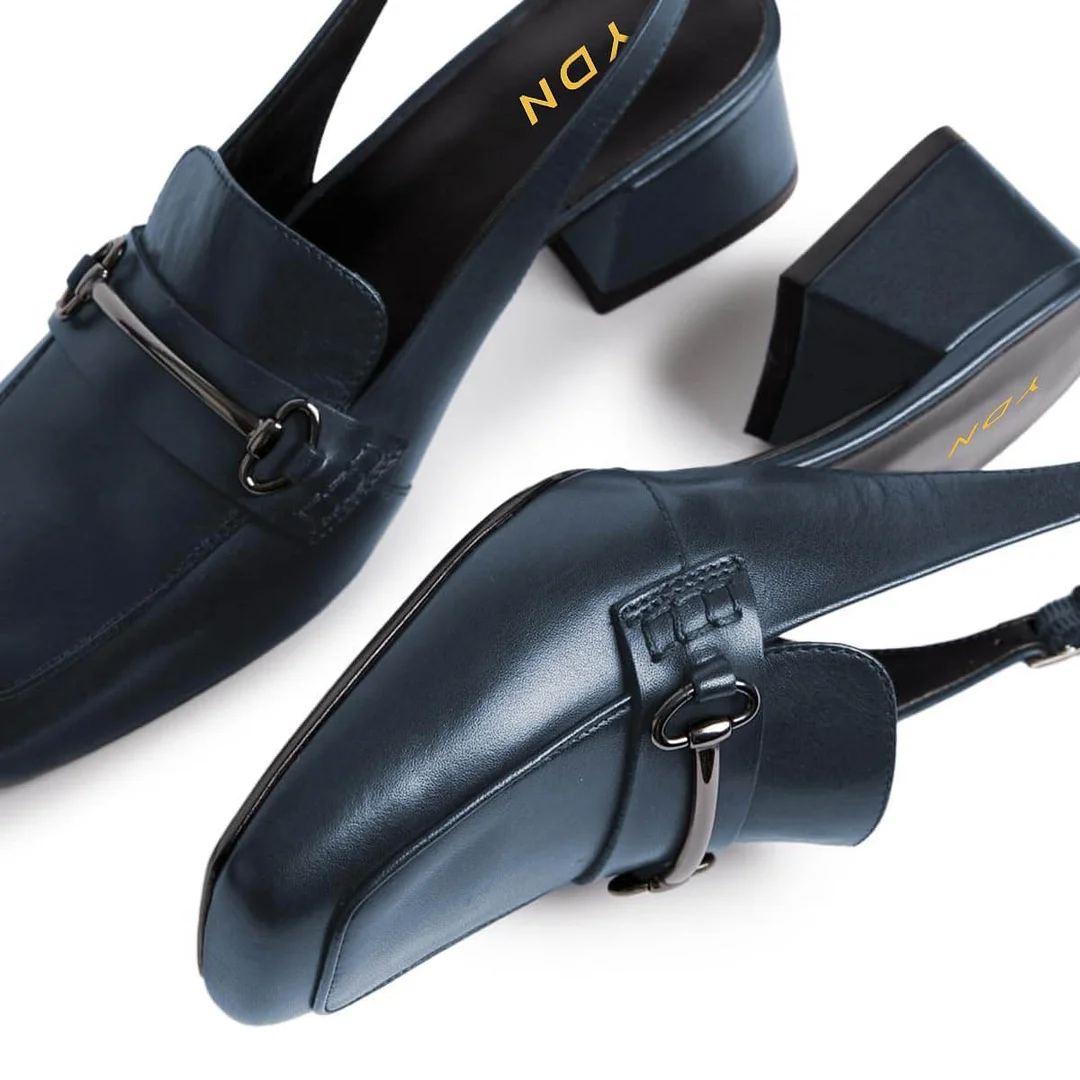 Navy Square Toe Slingback Chunky Heeled Loafers with Horse Bit