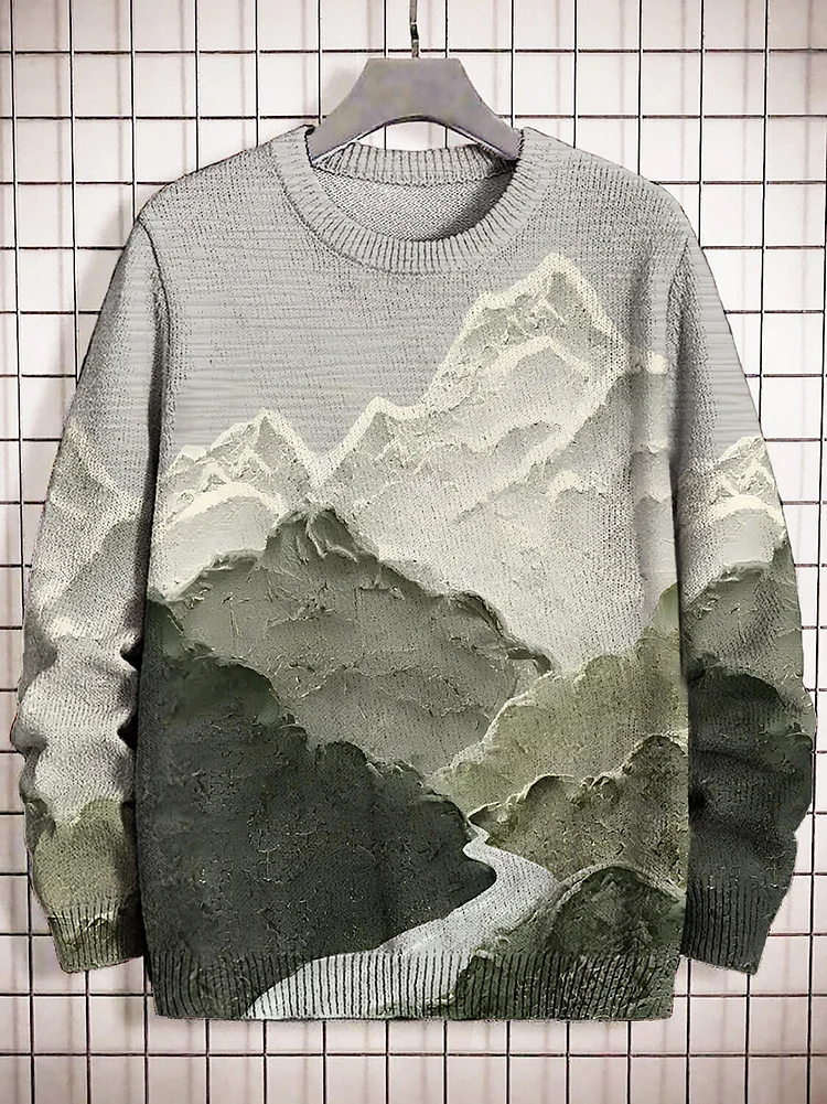 Men's Oil Painting Natural Scenery Art Print Knit Sweatshirt