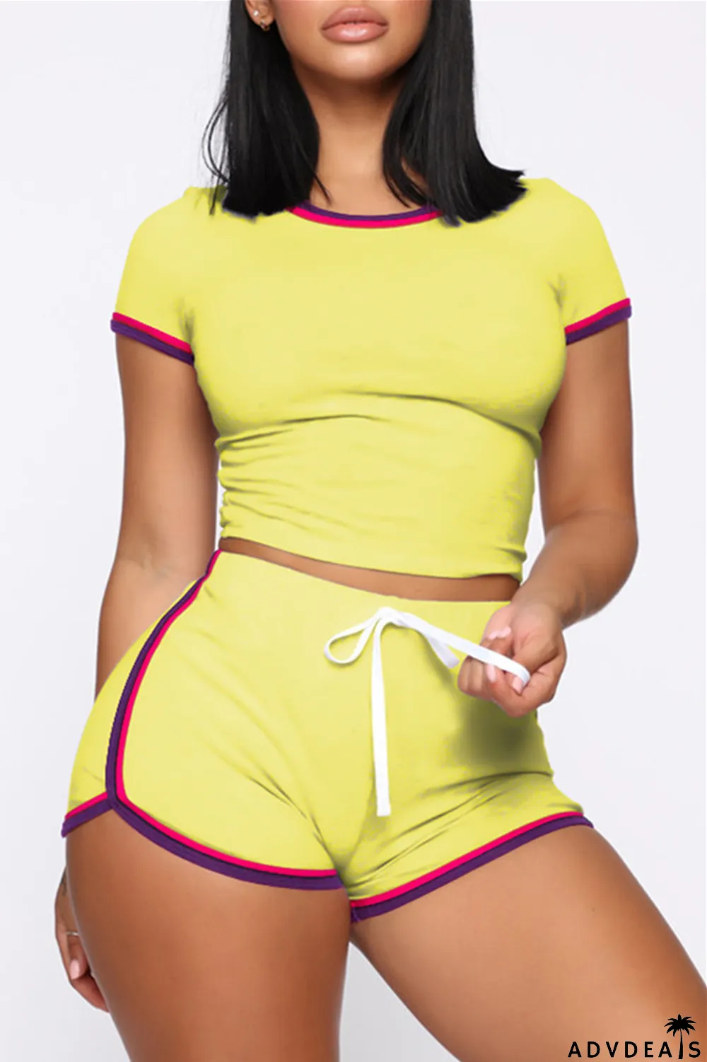 Yellow Fashion Casual Striped Solid Split Joint O Neck Short Sleeve Two Pieces