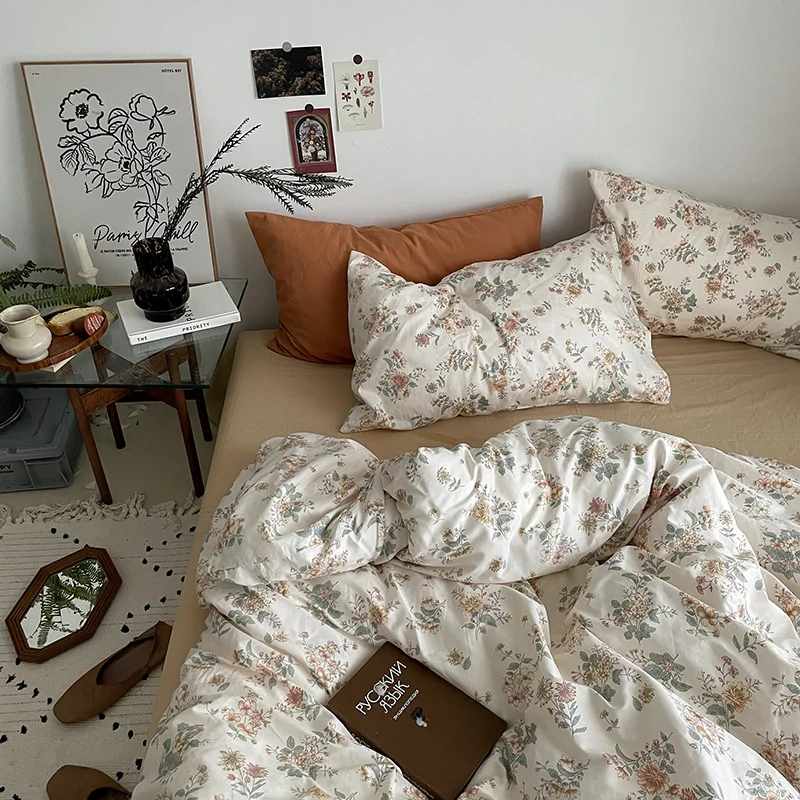 Aonga Ins Style Cotton Bedding Set Vintage Floral Fitted Sheet Duvet Cover Pillowcase Full Queen Boy Girls Dormitory Bedclothes Gift aonga