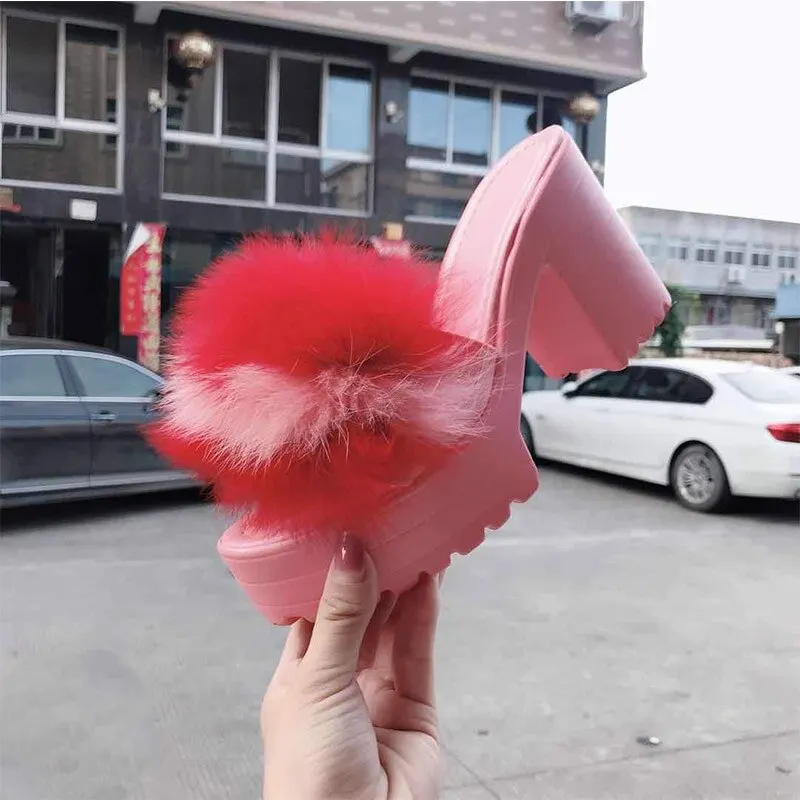 Woman Fury Slippers Furry Slides Pumps High Heels Platform Women Party Square Fur Furry Sandals White Red 2020