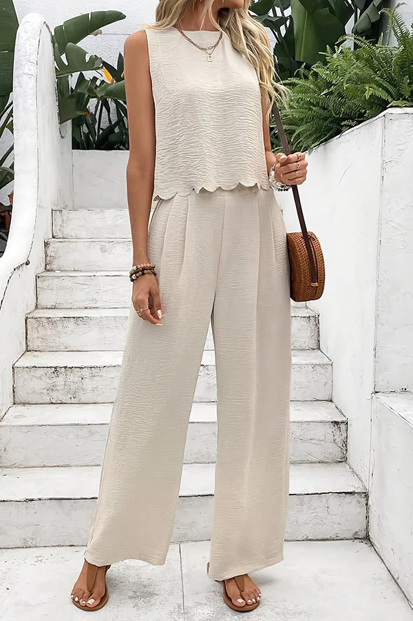 Solid Color Sleeveless Back Tie Vest and Elastic Waist Pocket Straight Pants Set