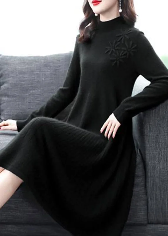 Red Patchwork Woolen Dress Embroideried Turtleneck Fall