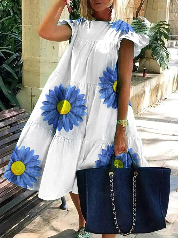 Women's Summer O-Neck Tshirts Floral Print Dresses socialshop
