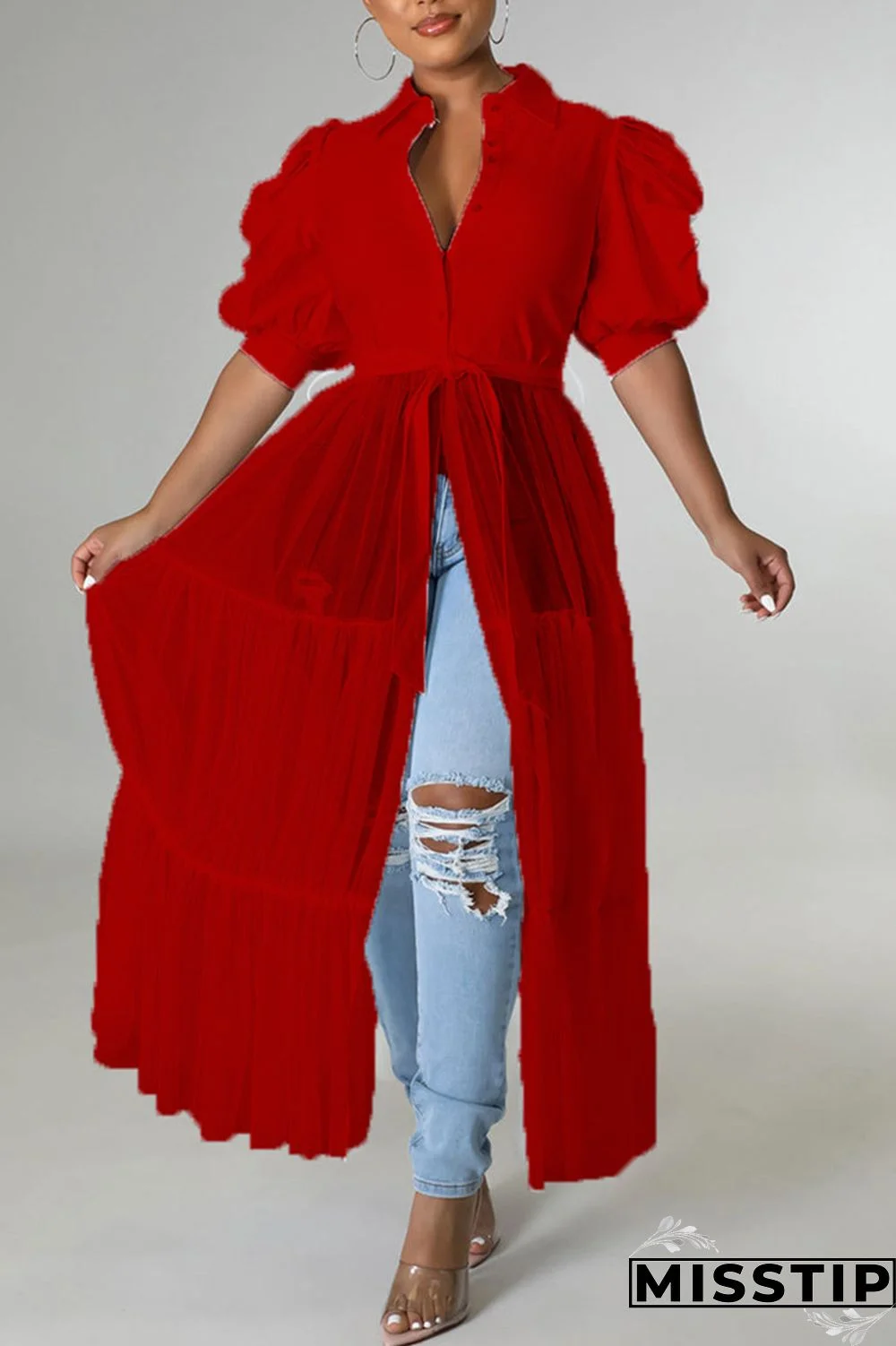 Yellow Fashion Casual Solid Patchwork Mesh Turndown Collar Shirt Dress