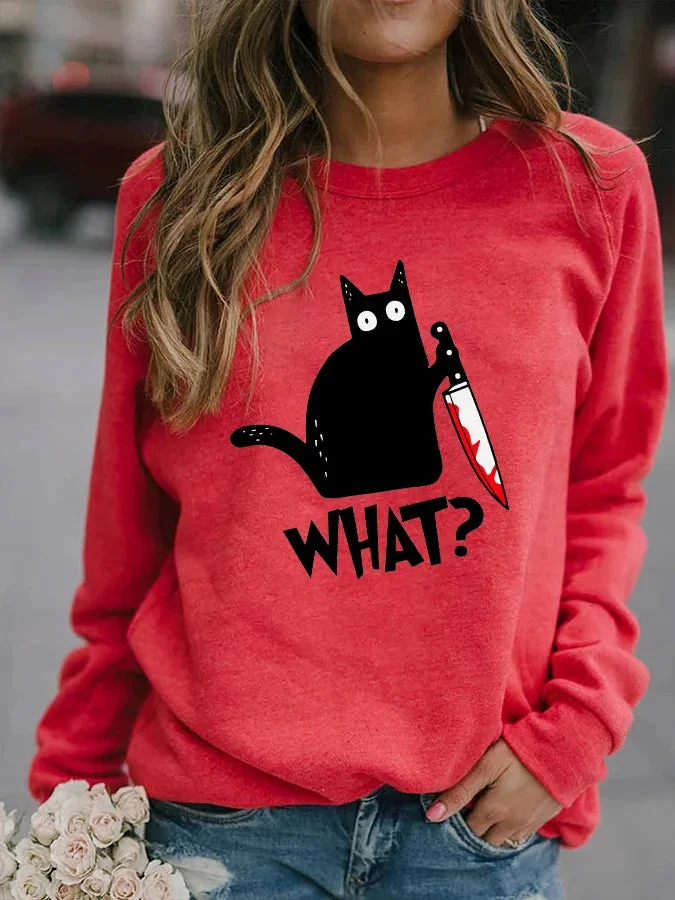 Women's Halloween Black Cat Print Casual Sweatshirt socialshop