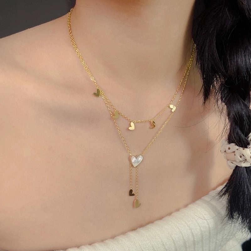 Sweet Minimalist Heart Shape Titanium Steel Plating Inlay Shell 18k Gold Plated Layered Necklaces