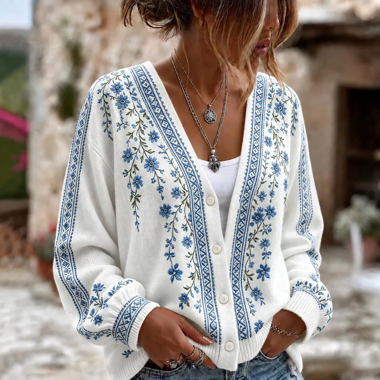 Comstylish Women's Retro Floral Pattern Art Casual Knit Cardigan