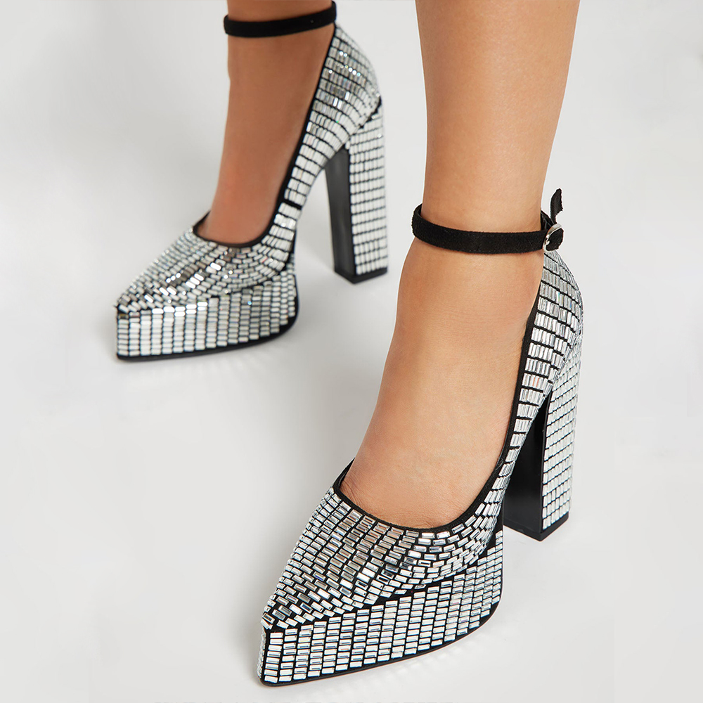 Silver Rhinestone Pointed Toe Chunky Heel Ankle Strap Platform Pumps Nicepairs