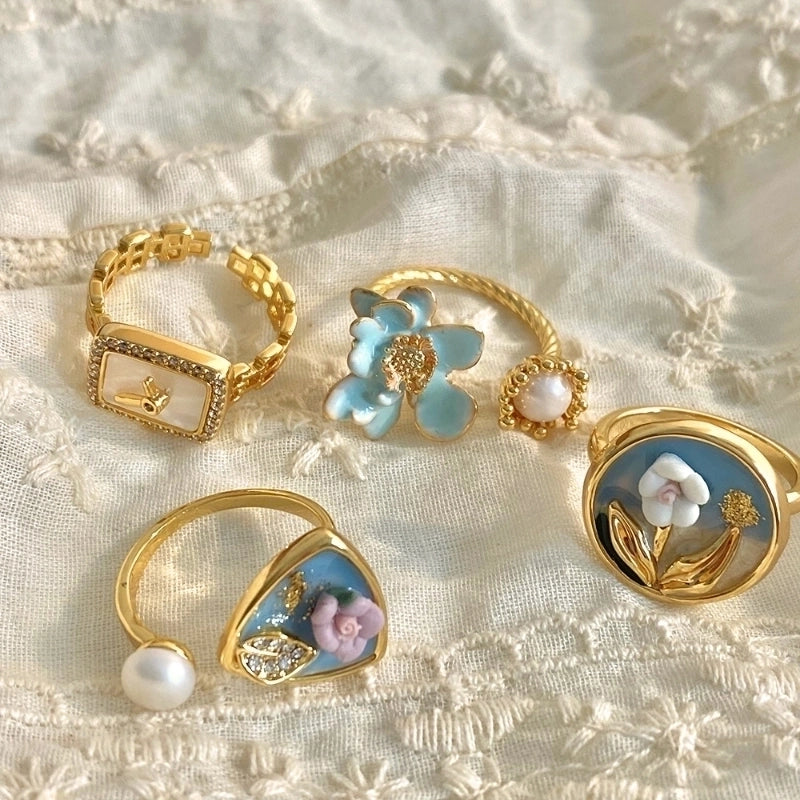 Copper 18K Gold Plated IG Style Y2K Minimalist Inlay Round Oval Flower Pearl Zircon Open Rings Rings