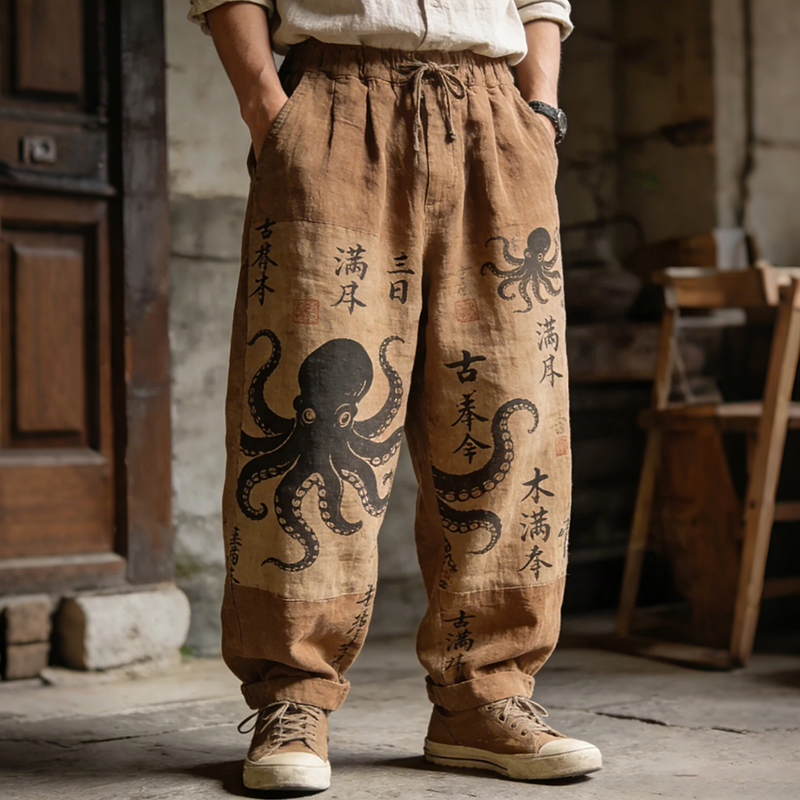 Men's Octopus And Kanji Japanese Art Print Drawstring Waist Casual Pants  artssus