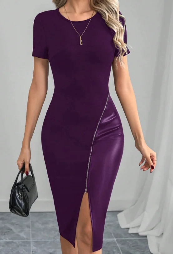 Nigikala Nigikala Zippered Short Sleeve Black PU Thighs Open Tight Dress