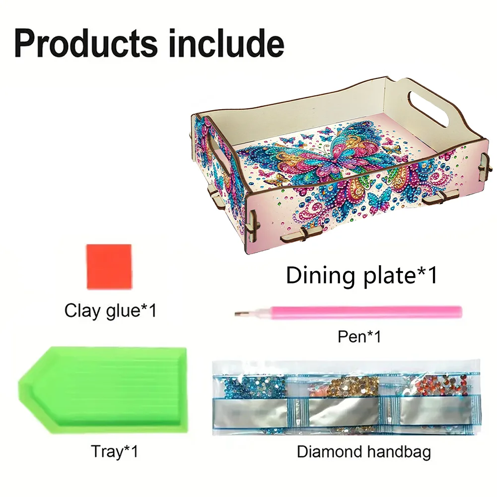 5D DIY Butterfly Diamond Painting Serving Tray with Handle for Coffee Table