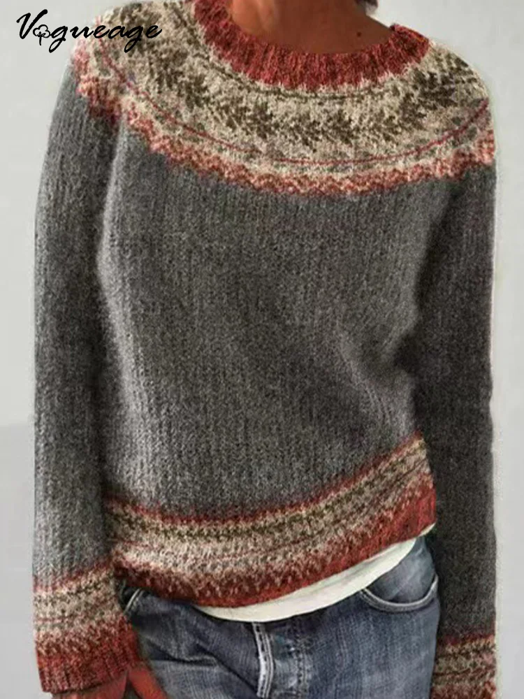 Elegant And Gentle Pattern Stitching Casual Long-Sleeved Knitted Sweater