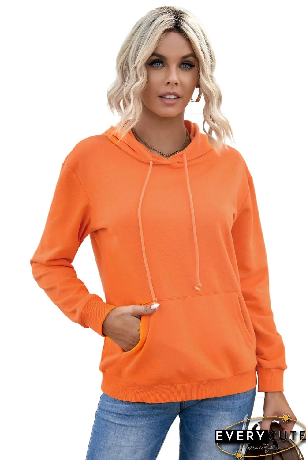 Orange Kangaroo Pocket Long Sleeve Pullover Hoodie