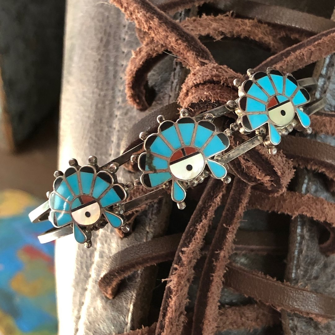 Zuni Sunface Cuff Bracelet with Turquoise Inlay in Sterling Silver