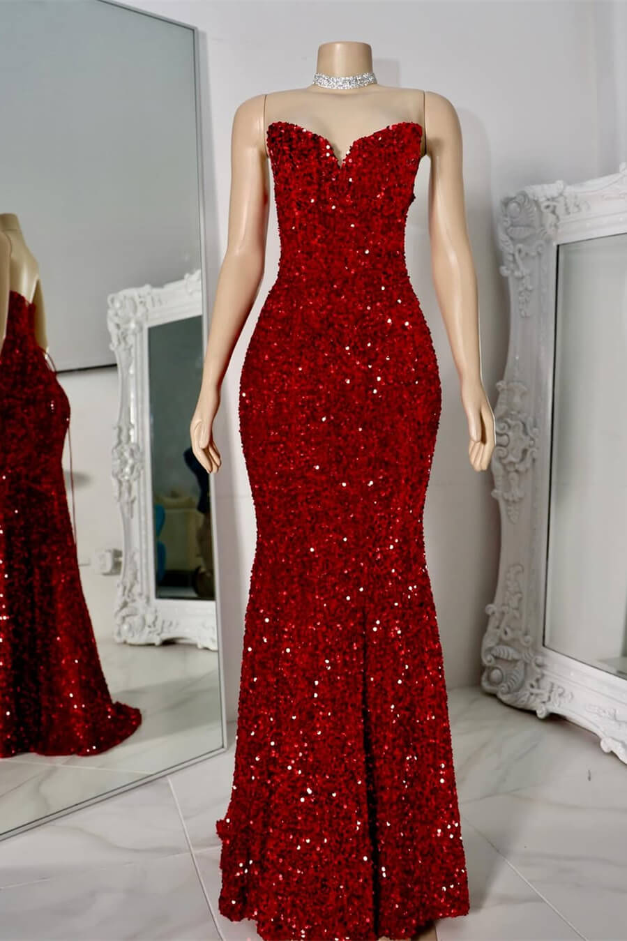 Bellasprom Red Sweetheart Sequins Prom Dress Mermaid Lace-Up Back Bellasprom