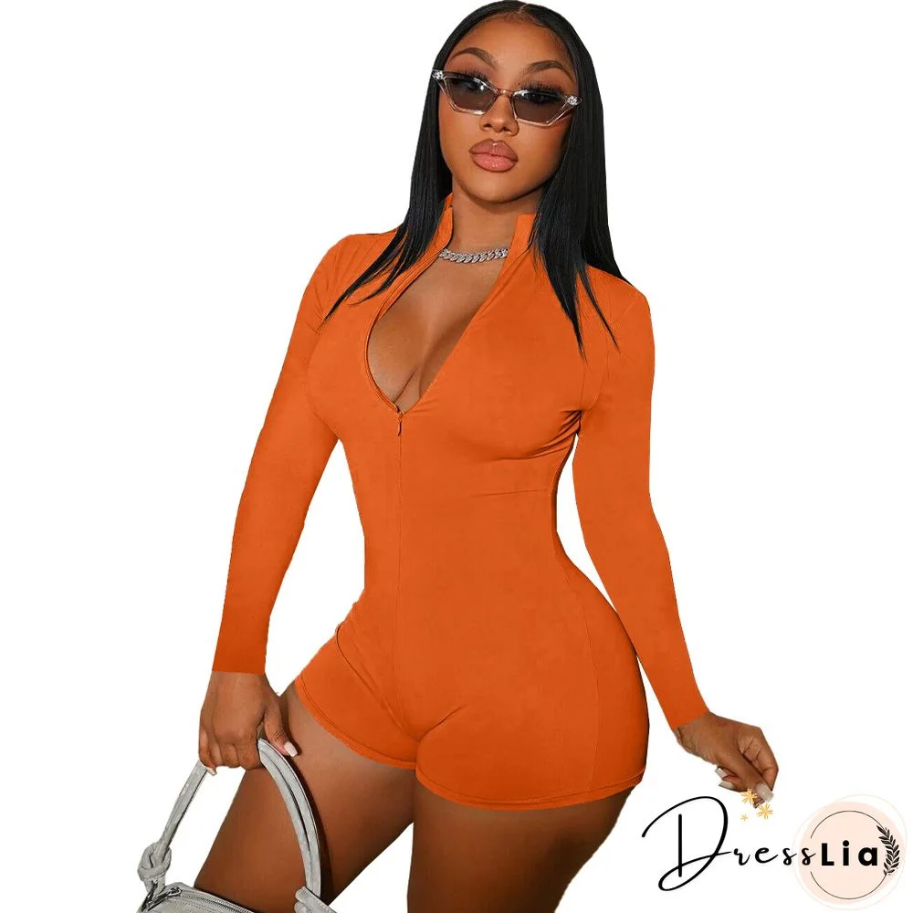 Solid Zipper Front Long Sleeve Bodycon Romper