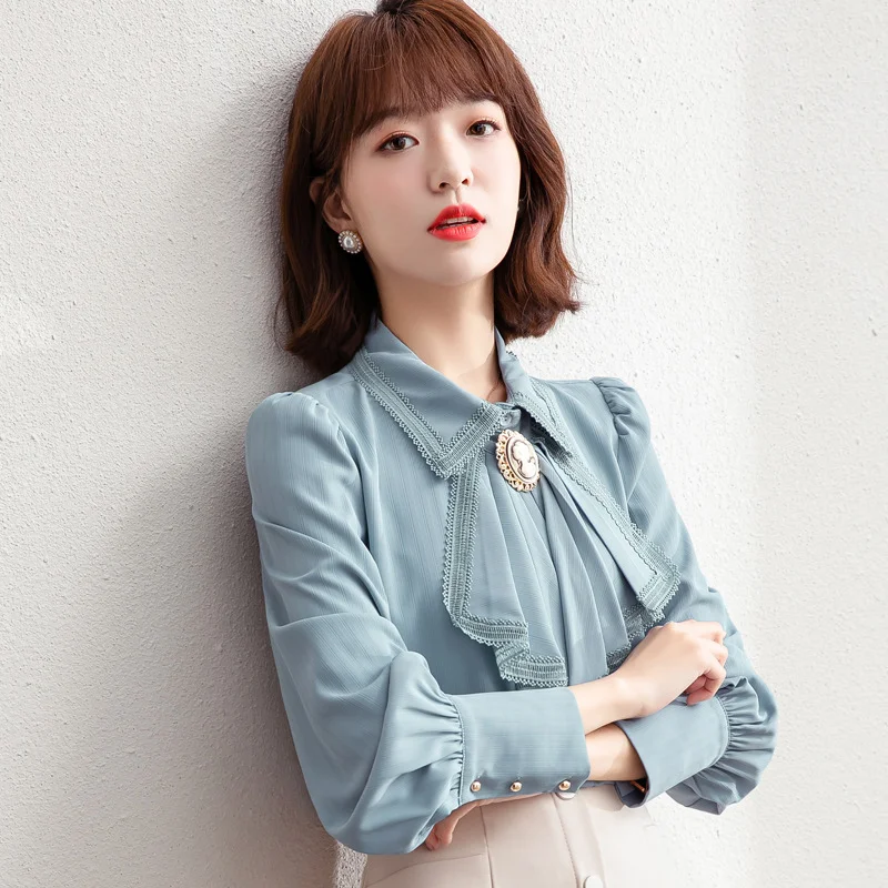 Toloer Toloer Polo Collar Blue Chiffon Shirt Women's Spring Dress 2023 New Chic Top Female Spring And Autumn Design Sense-Outfit Ideas