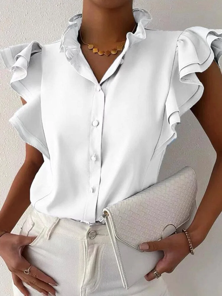Elegant V Neck Office Ladies Casual Shirt Women Solid Patchwork Button Loose Blouse Summer Streetwear Short Sleeve Tops Blusa