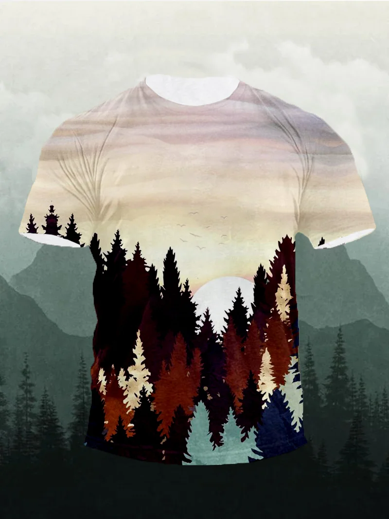 Autumn Forest Sunset Print Short Sleeve Men's T-Shirt in  mildstyles