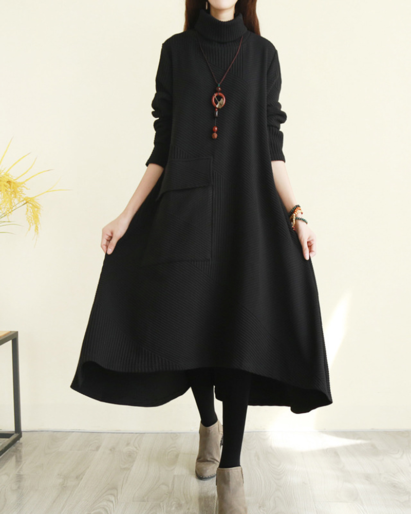 Irregular Hem Long Sleeve Turtleneck Knit Midi Dress