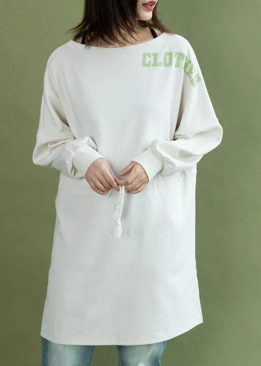 Vivid white Cotton tunic top drawstring side open baggy fall Dress