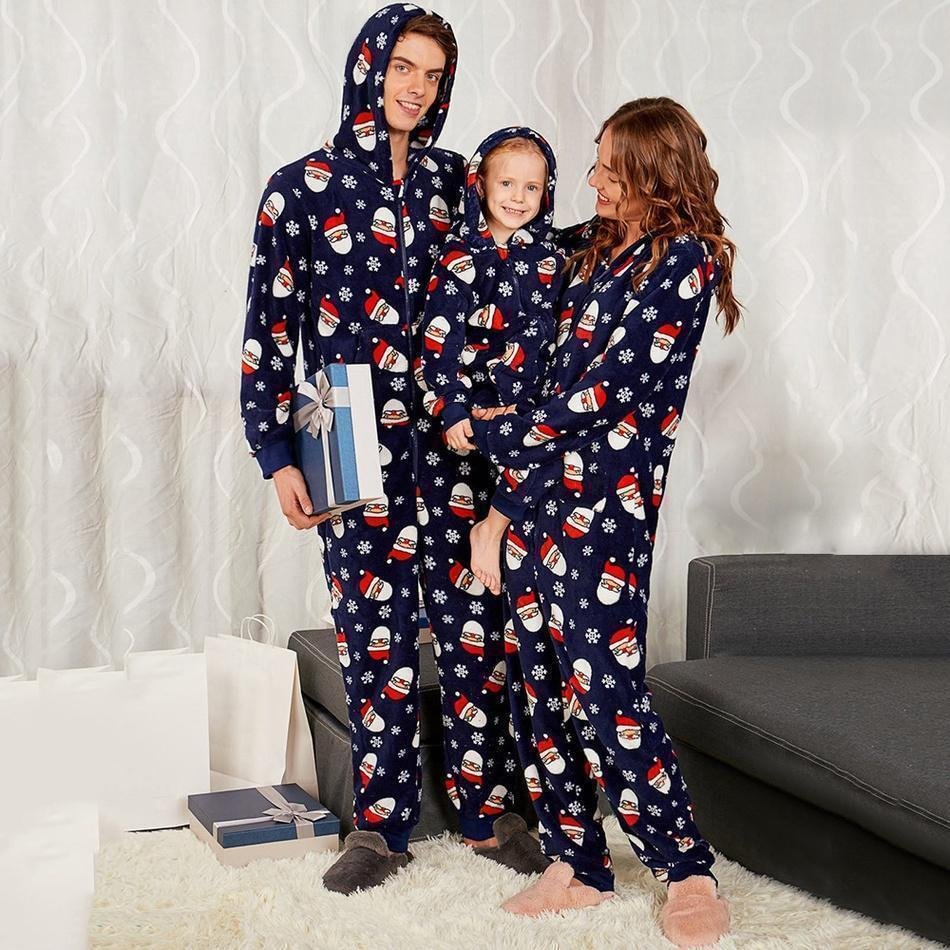 Christmas Santa Patterned Hooded Family Matching Onesies Pajamas(BLUE)、、sdecorshop