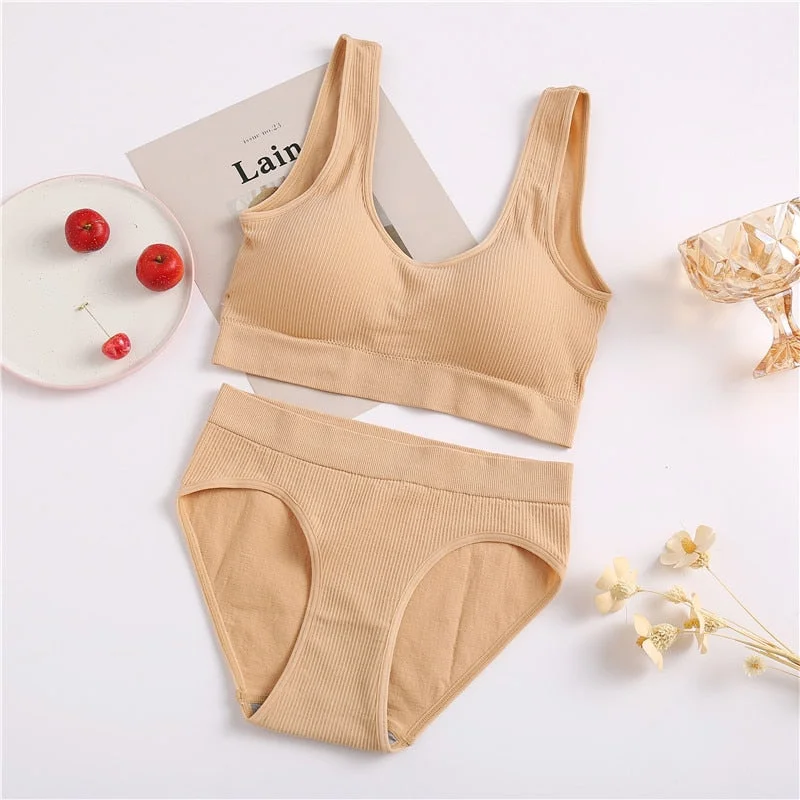 FINETOO Seamless Tops Set High Waist Panties Women Wireless Underwear Suit Soft Padded Bras Set S-XL Backless Bralette Lingerie