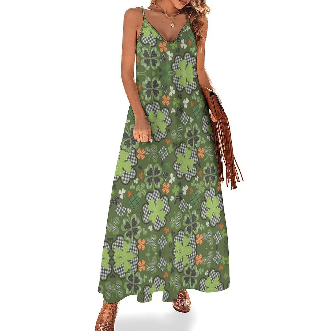 Style & Comfort for Mature Women Plus Size Printed Sling Casual Women Maxi Dress in Pattern St. Patrick's Day, Green, Clover, Lucky