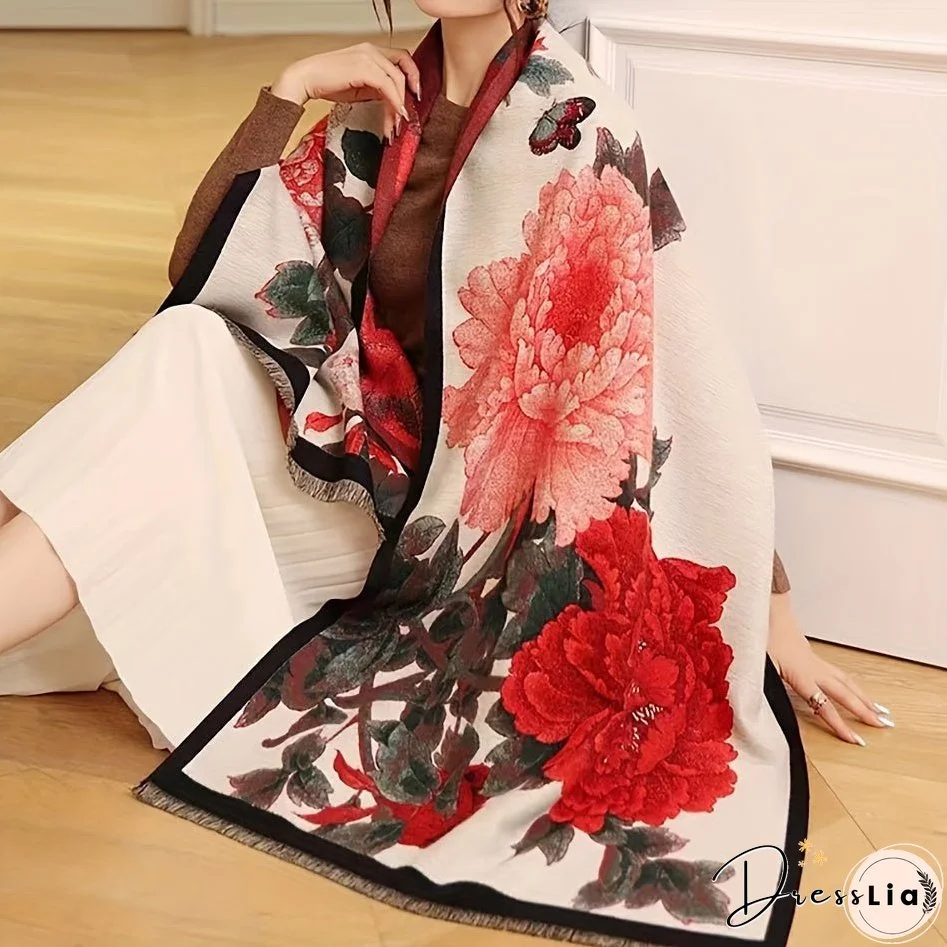 Vintage Floral Pattern Soft Shawl Scarf - Elegant, Warm, Fringe, Windproof, Coldproof, Autumn Winter Essential - Perfect for Outdoor Activities, Casual Wear, and Gift Giving