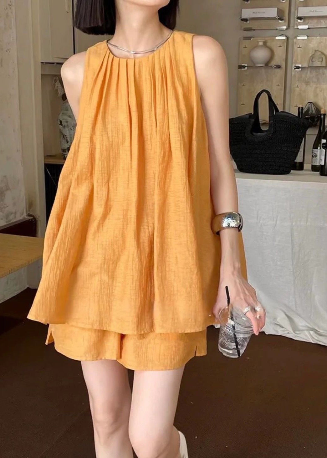 VCSHOES Orange O-Neck Vest And Shorts Two Pieces Set Summer