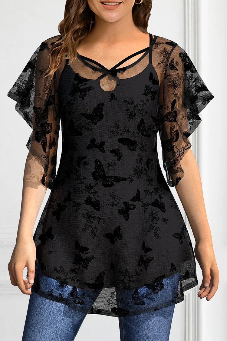 Flycurvy Plus Size Casual Black Lace Butterfly Double Layer Two Pieces Blouse  Flycurvy [product_label]