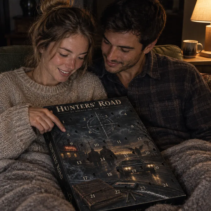 A couple opening the Hunter's Road advent calendar together on a sofa