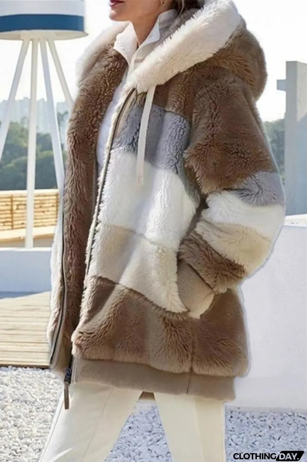 Black Fashion Casual Patchwork Zipper Hooded Collar Plus Size Overcoat