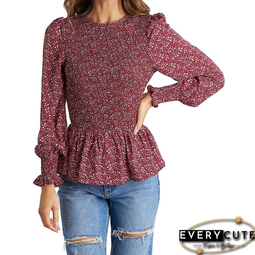 Red Floral Print Ruffle Long Sleeve Tunic Tops