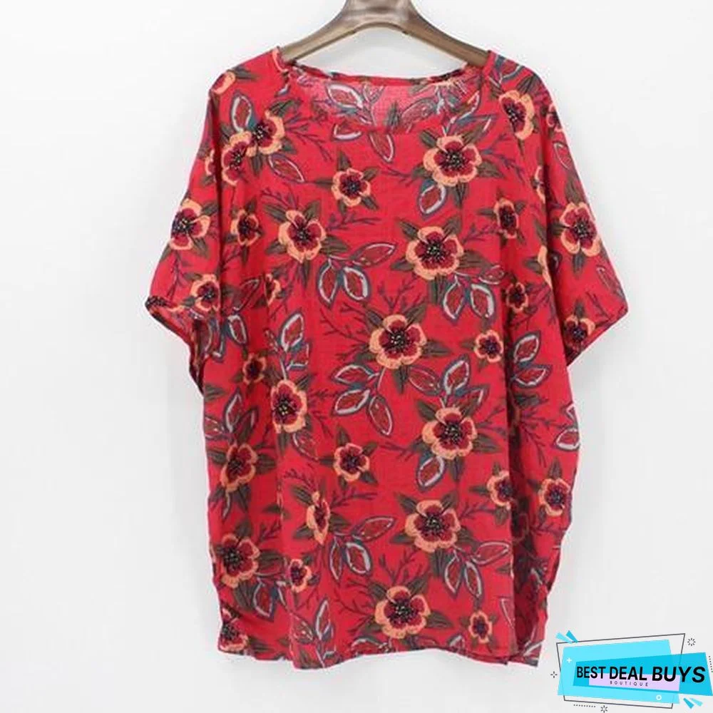 Plus Size Women Batwing Casual Tops Tees Floral Print Cotton Linen Blouses