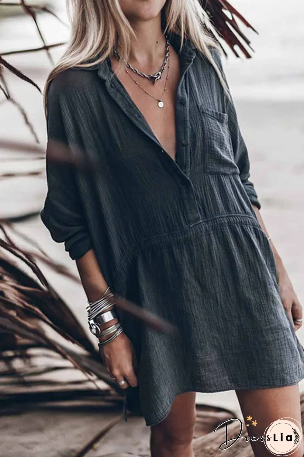 Casual Loose V-Neck Cotton And Linen Long Sleeves Mini Dress