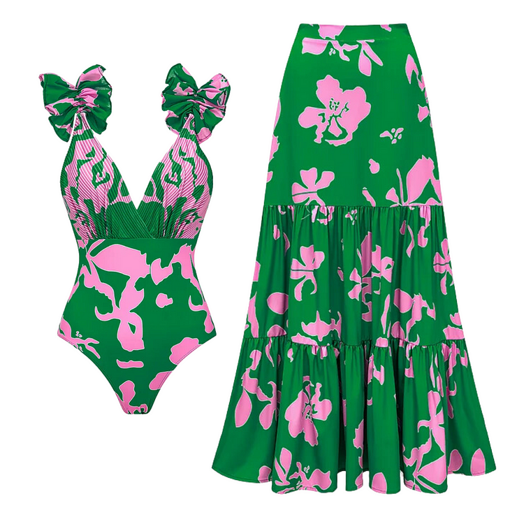 Ruffled Strap Printed One Piece Swimsuit and Skirt Flaxmaker