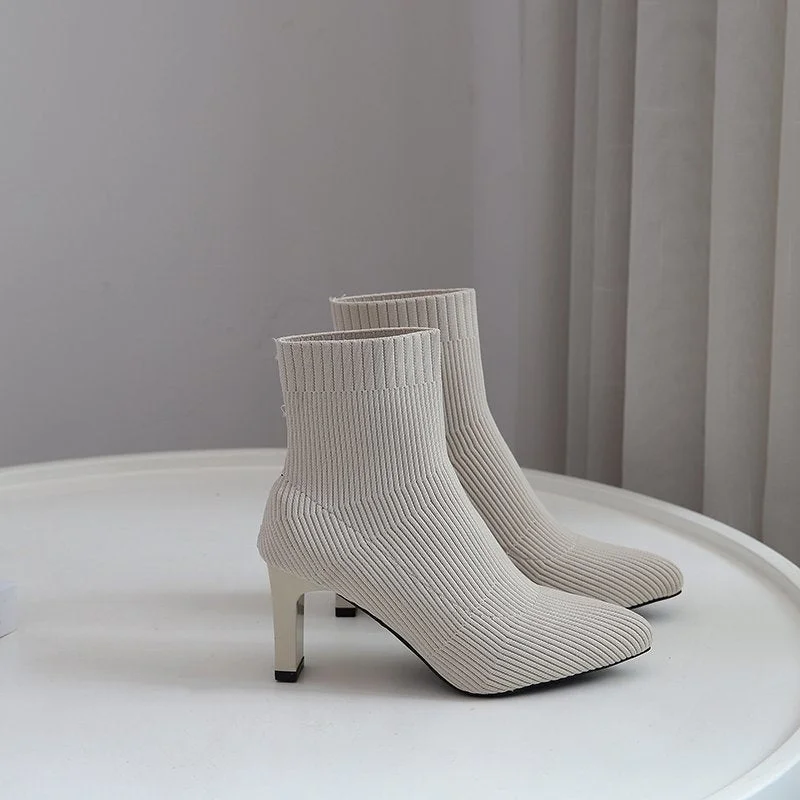 Sexy Knitting Boots High Heels Dress Shoes 2020 New Pointed Toe Fashion Booties Black Striped Stretch Fabric Botas Mujer