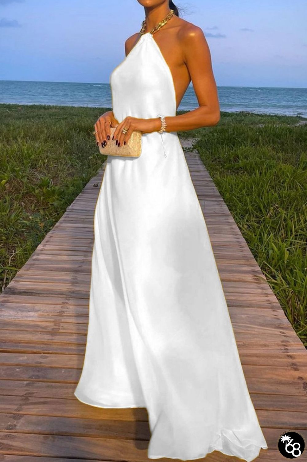 White Sexy Casual Solid Backless Halter Long Dress Dresses | 168DEAL