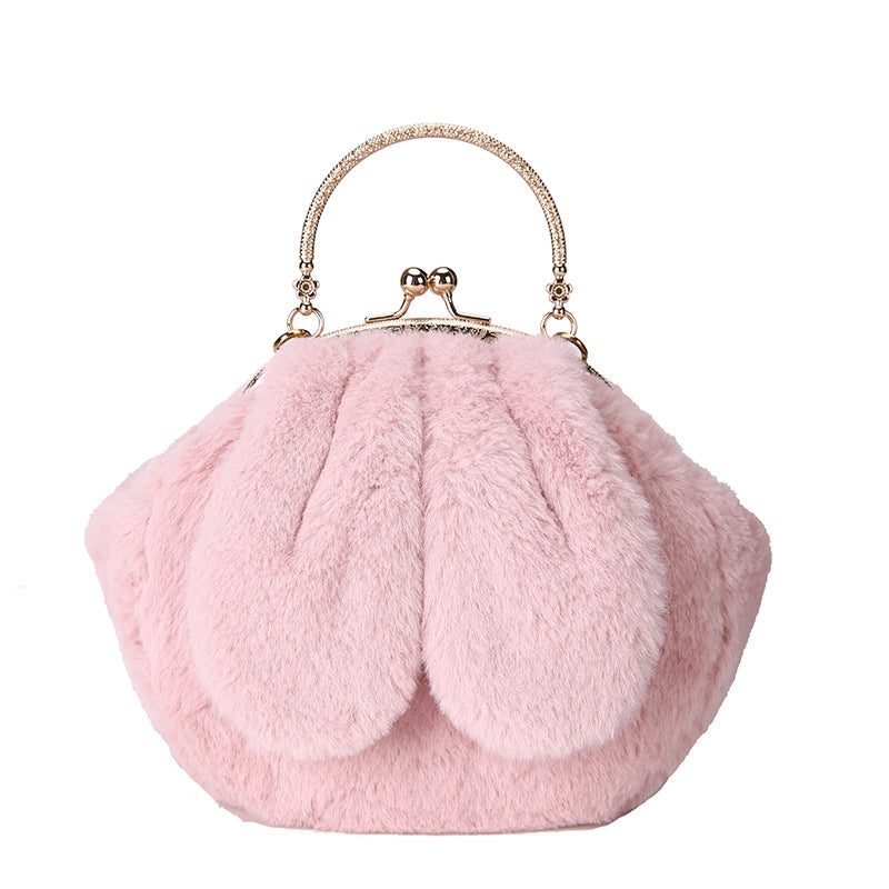 Women's Plush Rabbit Solid Color Cute Round Lock Clasp Handbag Crossbody Bag